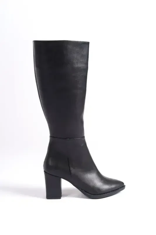 Women's Black Imported Leather Heeled Boots-Matte Black - 3