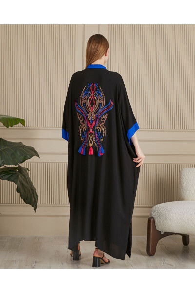 Women's Black-Indigo Embroidered Back Plus Size Oversize Loose Long Bohemian Dress - 7