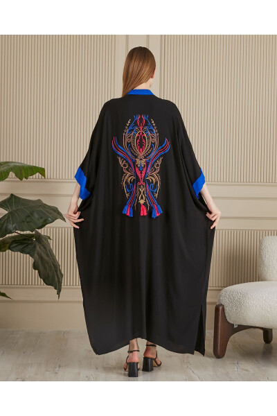 Women's Black-Indigo Embroidered Back Plus Size Oversize Loose Long Bohemian Dress - 8