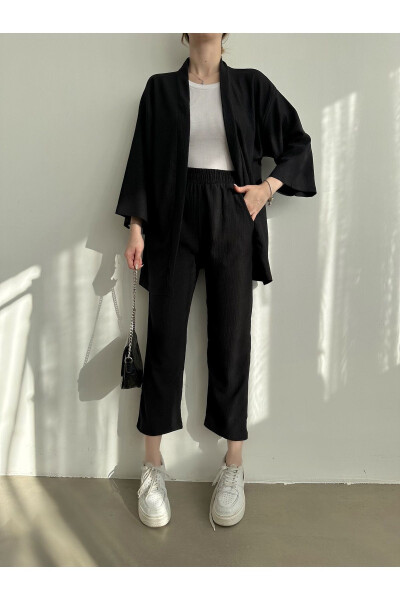 Women's Black Kimono Pants Knit Set - 6