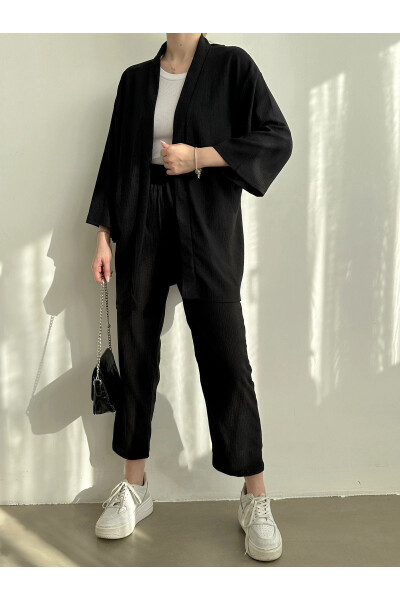 Women's Black Kimono Pants Knit Set - 7