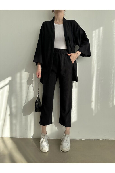 Women's Black Kimono Pants Knit Set - 7