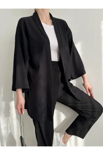 Women's Black Kimono Pants Knit Set - 4