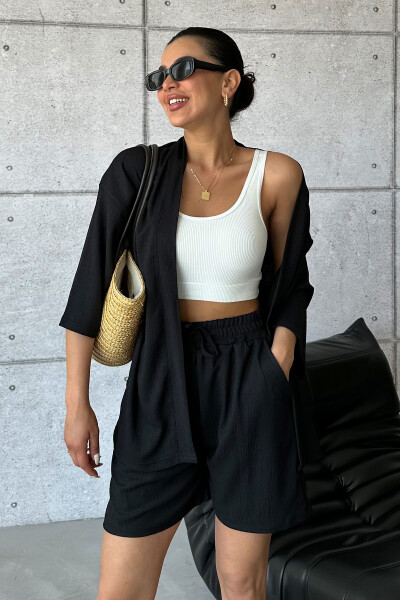 Women's Black Kimono Shirt Shorts Set 