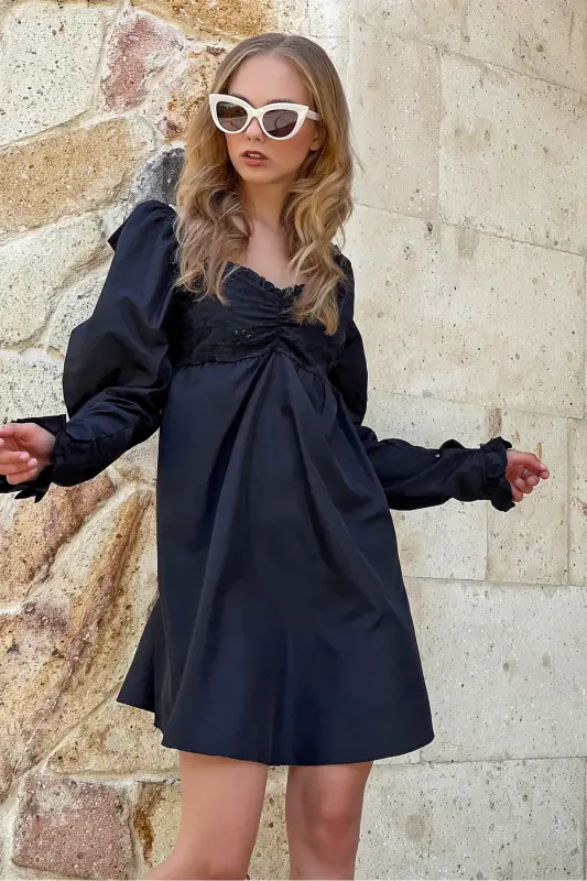 Women's Black Kiss Collar Princess Sleeve Ruffled Mini Dress ALC-X8893 - 2