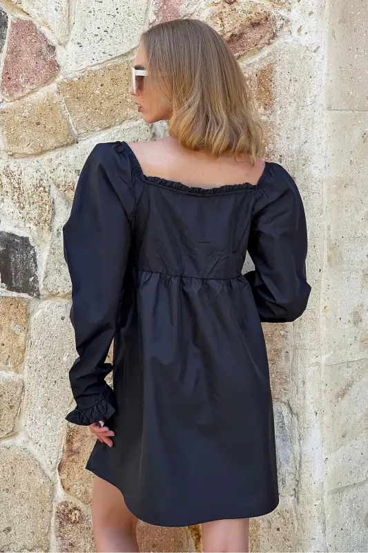 Women's Black Kiss Collar Princess Sleeve Ruffled Mini Dress ALC-X8893 - 4