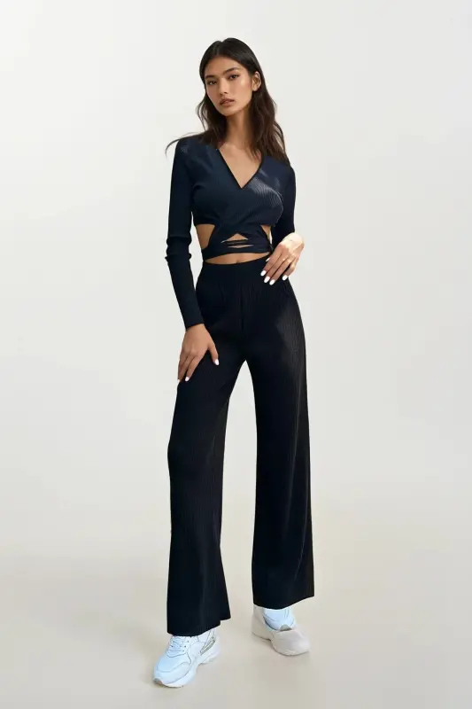 Women's Black Knit Palazzo Pants ALC-X10894 - 5