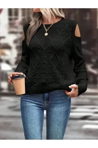 Women's Black Knit Sweater with Crew Neck, Mesh Detail, Cable Knit, Execution Pattern, and Shoulder Detail-BLACK - 1