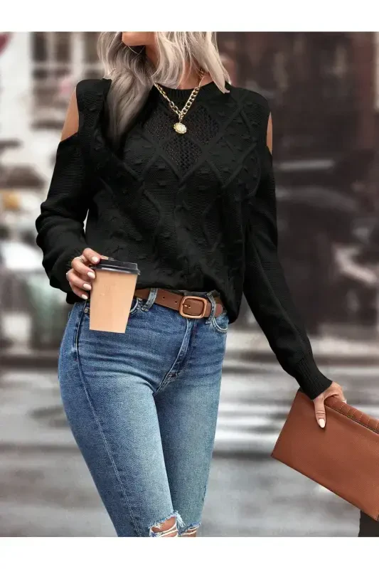 Women's Black Knit Sweater with Crew Neck, Mesh Detail, Cable Knit, Execution Pattern, and Shoulder Detail-BLACK - 4