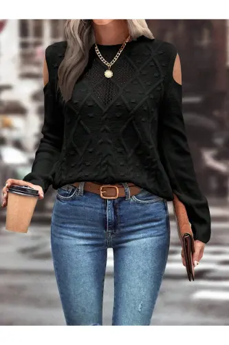 Women's Black Knit Sweater with Crew Neck, Mesh Detail, Cable Knit, Execution Pattern, and Shoulder Detail-BLACK - 3