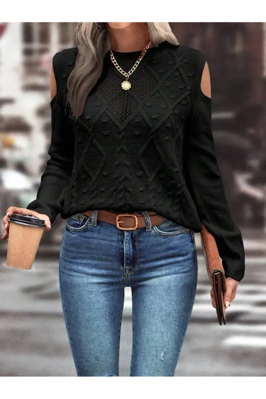 Women's Black Knit Sweater with Crew Neck, Mesh Detail, Cable Knit, Execution Pattern, and Shoulder Detail-BLACK - 3