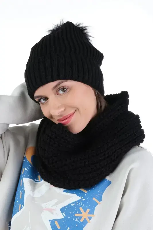 Women's Black Knitted Beanie with Pom Pom and Knitted Neck Warmer Set - Black - 3
