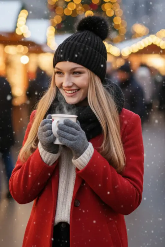Women's Black Knitted Beanie with Pom Pom and Knitted Neck Warmer Set - Black - 2