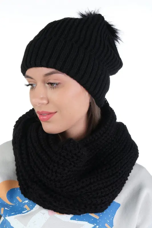 Women's Black Knitted Beanie with Pom Pom and Knitted Neck Warmer Set - Black - 4