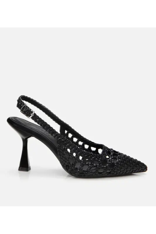 Women's Black Knitted Detail Open Back Stiletto - Hotiç