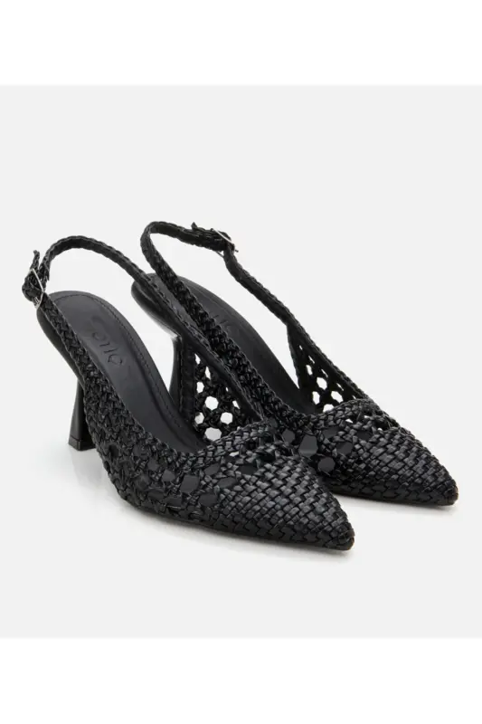 Women's Black Knitted Detail Open Back Stiletto - 2