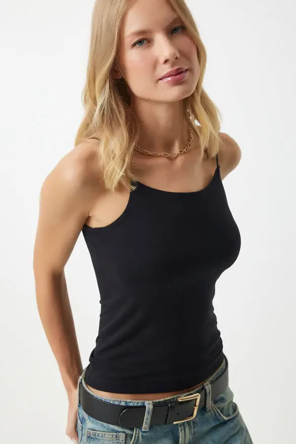 Women's Black Knitted Spaghetti Strap Bodysuit Blouse LD00018 - 3