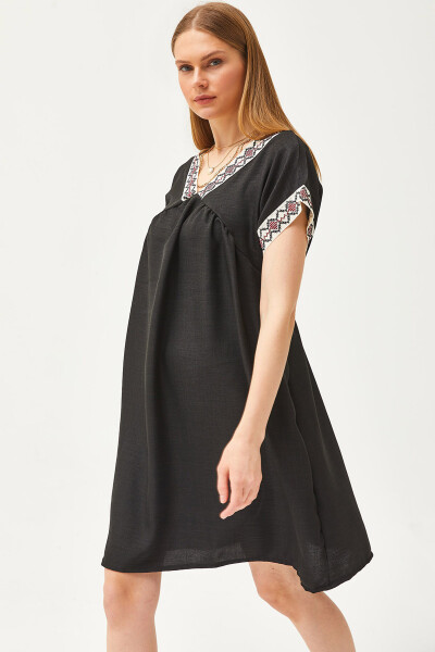Women's Black Lace Collar Linen Blend Dress ELB-19002077 