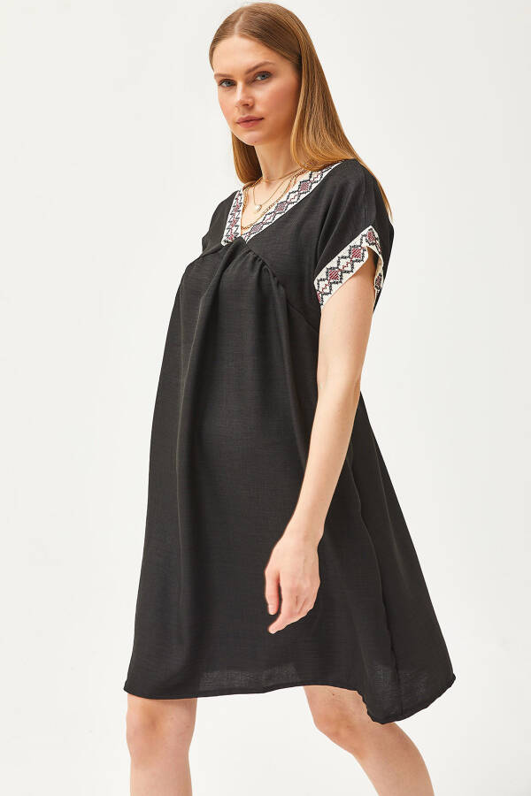 Women's Black Lace Collar Linen Blend Dress ELB-19002077 - 1