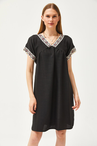 Women's Black Lace Collar Linen Blend Dress ELB-19002077 - OLALOOK (1)