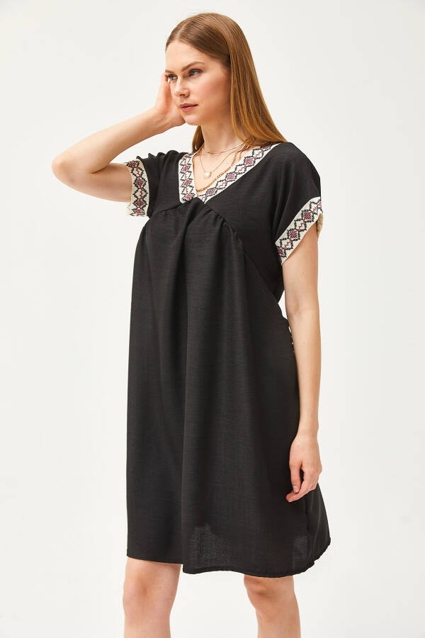 Women's Black Lace Collar Linen Blend Dress ELB-19002077 - 3