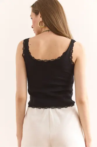 Women's Black Lace Detailed Knitted Cotton Crop Blouse - OLALOOK (1)