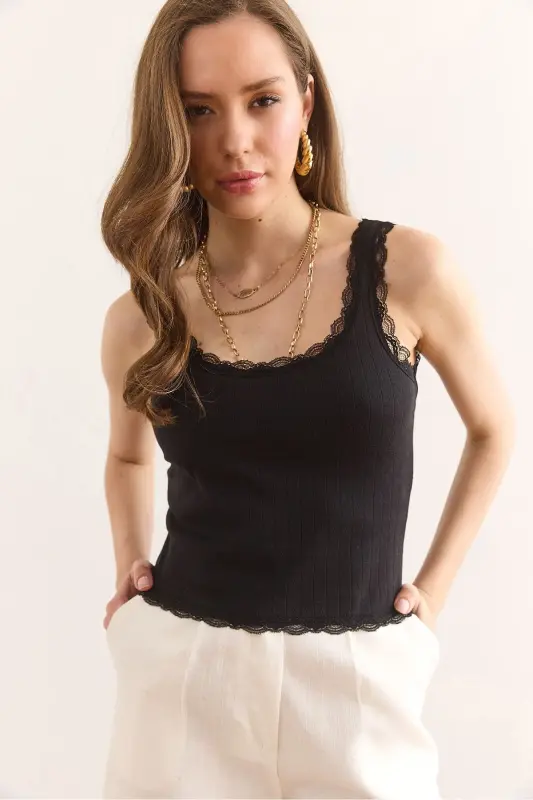 Women's Black Lace Detailed Knitted Cotton Crop Blouse - 3