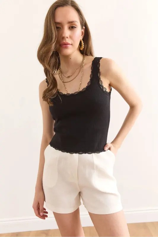 Women's Black Lace Detailed Knitted Cotton Crop Blouse - 4