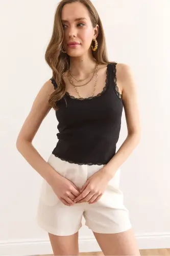 Women's Black Lace Detailed Knitted Cotton Crop Blouse - 5