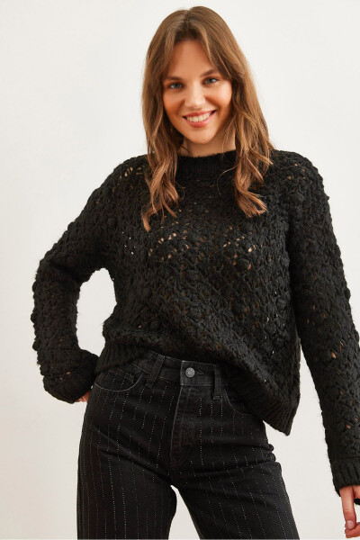 Women's Black Lace Pom Pom Soft Knitted Sweater KZK-19000935 