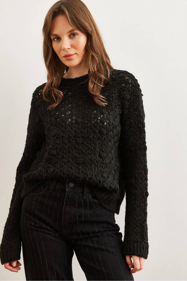Women's Black Lace Pom Pom Soft Knitted Sweater KZK-19000935 - 2