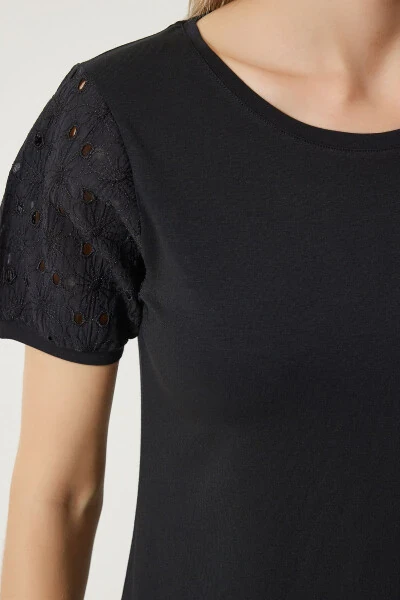 Women's Black Lace Sleeve Cotton Basic Knitted T-Shirt VF00001 - 4