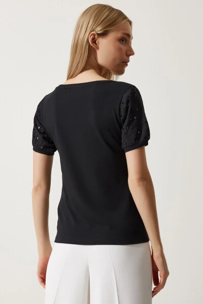 Women's Black Lace Sleeve Cotton Basic Knitted T-Shirt VF00001 - 5