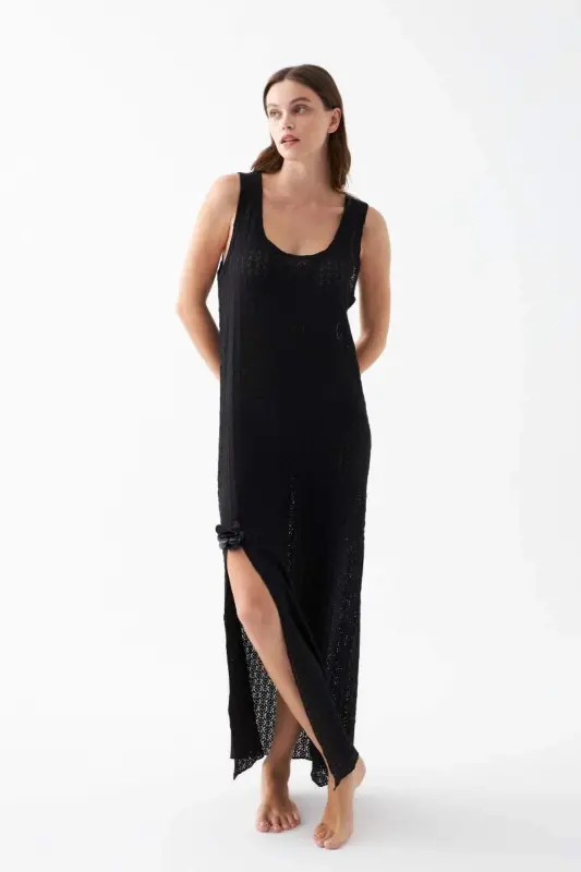 Women's Black Lace Textured Slit Long Nightgown - 2