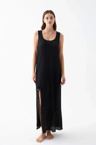 Women's Black Lace Textured Slit Long Nightgown - 3