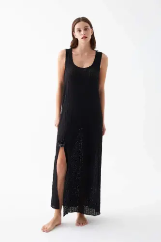 Women's Black Lace Textured Slit Long Nightgown - 4