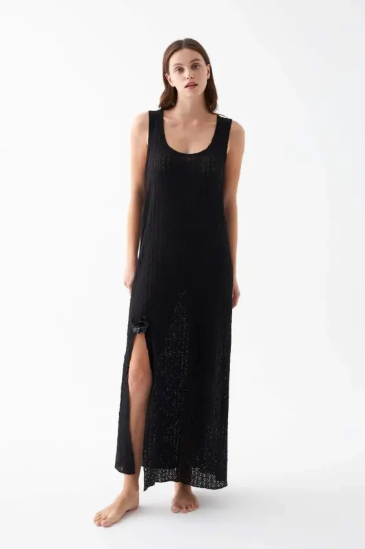 Women's Black Lace Textured Slit Long Nightgown - 4