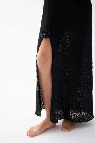Women's Black Lace Textured Slit Long Nightgown - 5