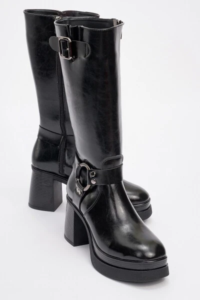 Women's Black Leather Buckle Platform High Heel Boots - LUVISHOES
