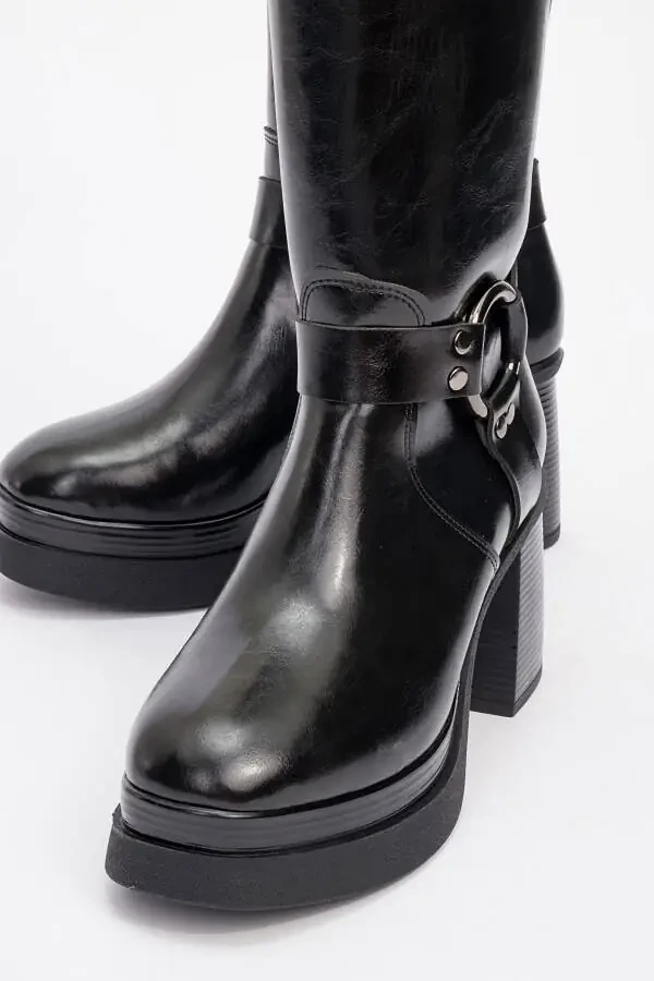 Women's Black Leather Buckle Platform High Heel Boots - 3