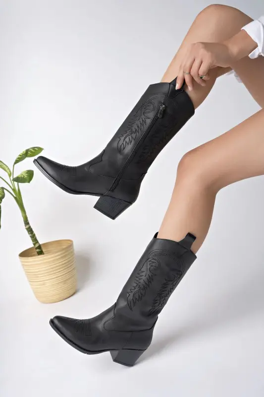 Women's Black Leather Embroidered New Season Cowboy Boots - Black Leather - 1