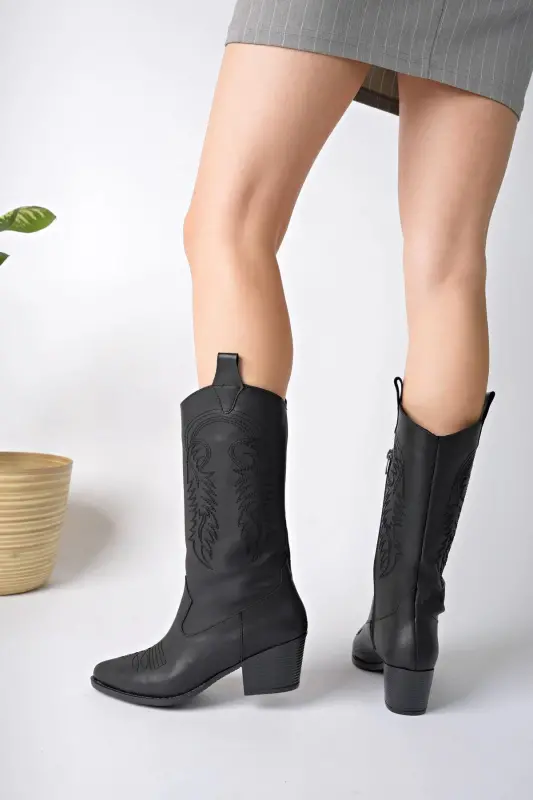 Women's Black Leather Embroidered New Season Cowboy Boots - Black Leather - 3