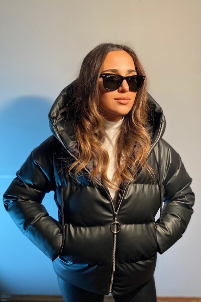 Women's Black Leather Hooded Puffer Jacket - 2