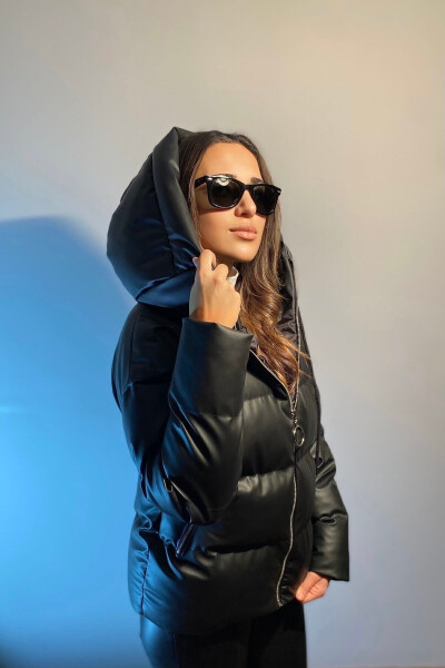 Women's Black Leather Hooded Puffer Jacket - 3