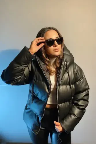 Women's Black Leather Hooded Puffer Jacket - 1