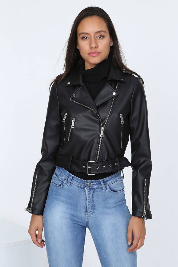 Women's Black Leather Jacket with Belt E2023 - 19