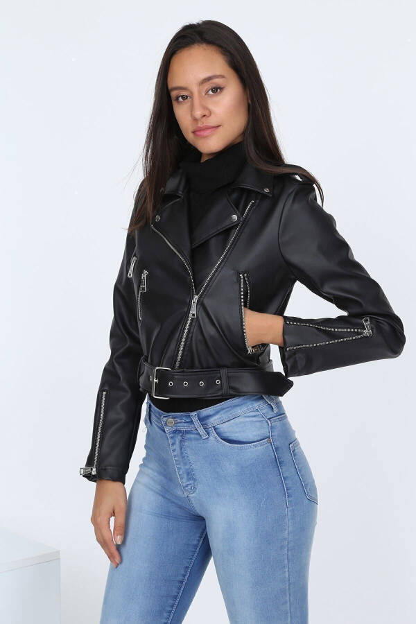 Women's Black Leather Jacket with Belt E2023 - 20