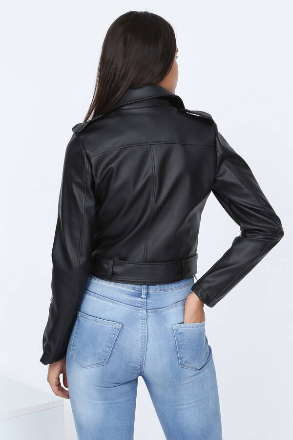 Women's Black Leather Jacket with Belt E2023 - 22