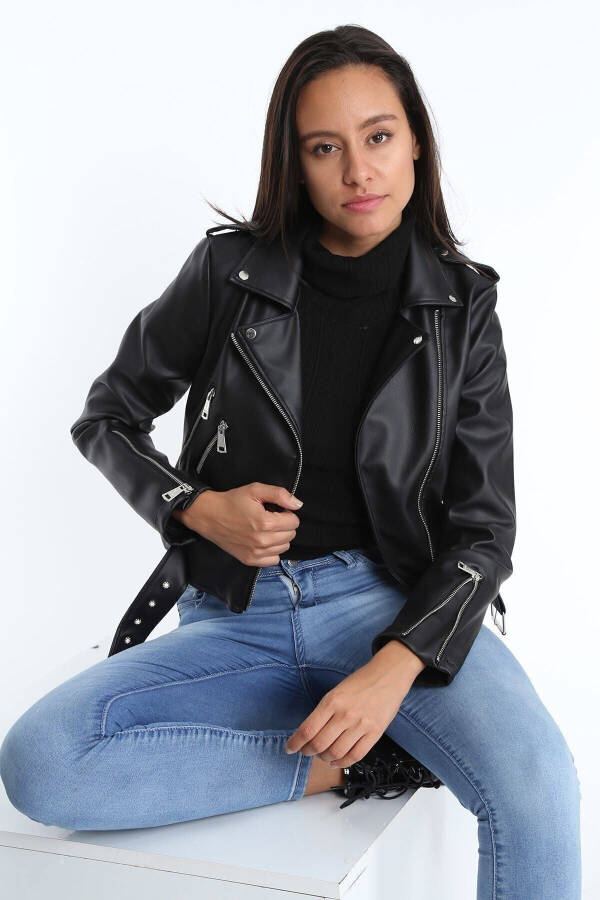 Women's Black Leather Jacket with Belt E2023 - 24