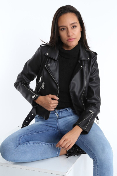 Women's Black Leather Jacket with Belt E2023 - 18